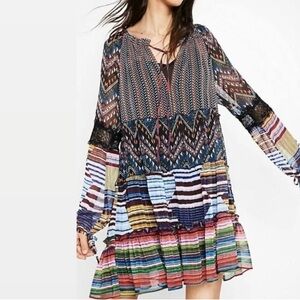 Desigual Lena Tiered MiniDress Multicolor Lined Sheer Ruffle EU 40 US Size M 6/8